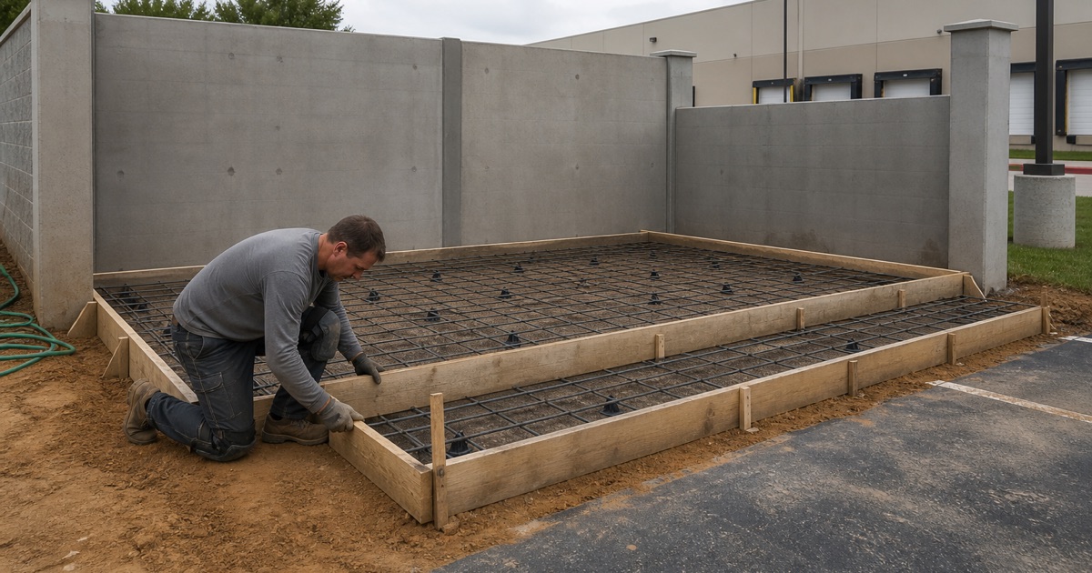 A commercial dumpster pad being formed and reinforced in Bryan, with the approach strip formed out in front of it toward the drive lane.
