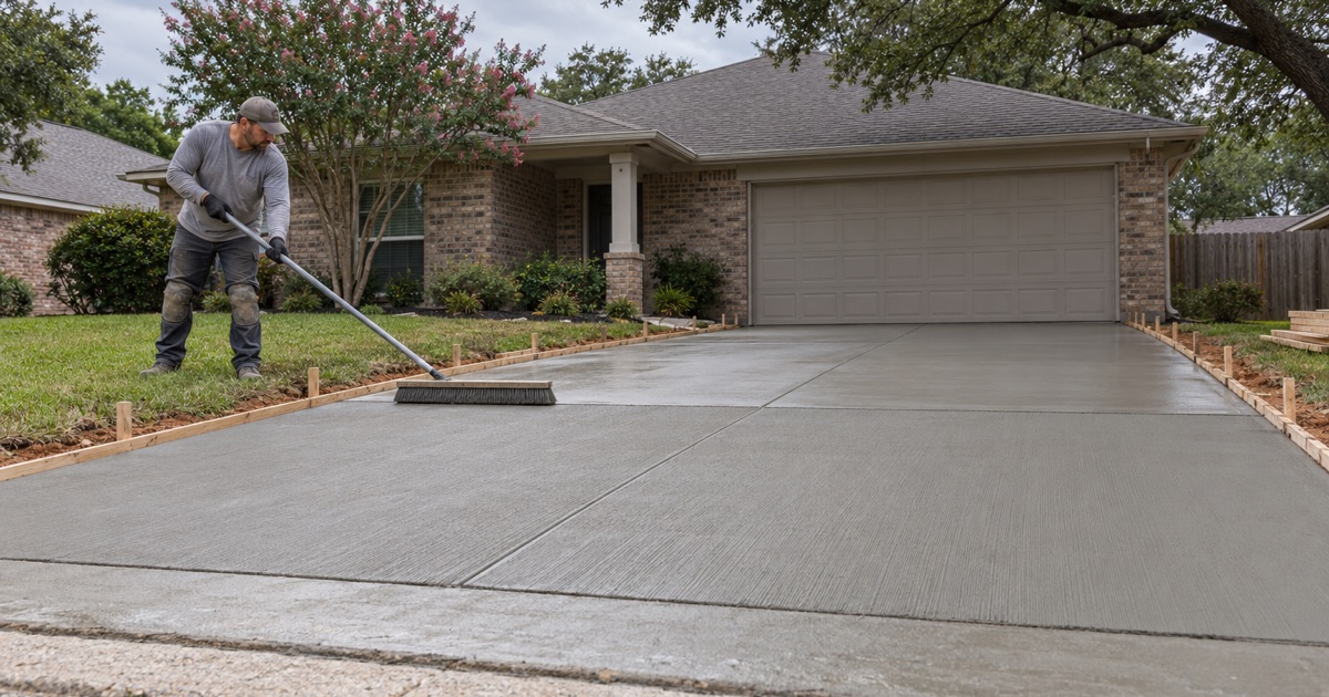 A broom finish being drawn across a new concrete driveway in Bryan, the textured half meeting the still smooth half in a clean line.