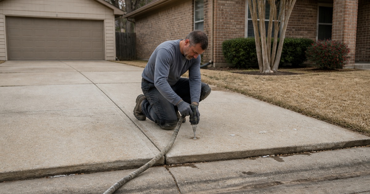 Polyurethane foam being injected through drilled ports to lift a sunken driveway panel in Bryan back to grade.