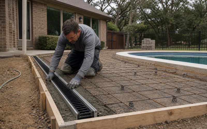 A trench drain channel being bedded along the low edge of a formed pool deck in Bryan before the pour.