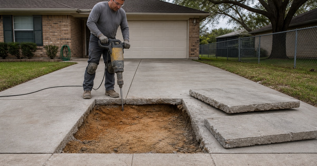 A failed driveway slab in Bryan being broken out in sections, the four inch edge and the washed out base showing underneath.