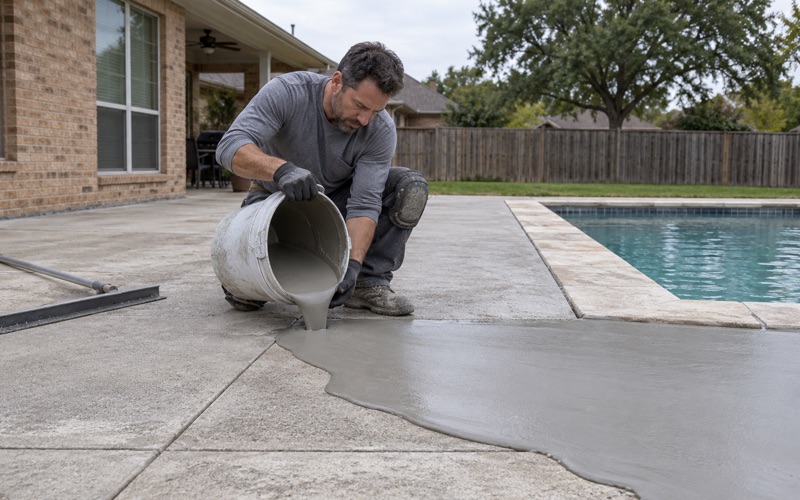 A bonded overlay being poured out of a bucket onto a prepared pool deck in Bryan, ahead of the spread.