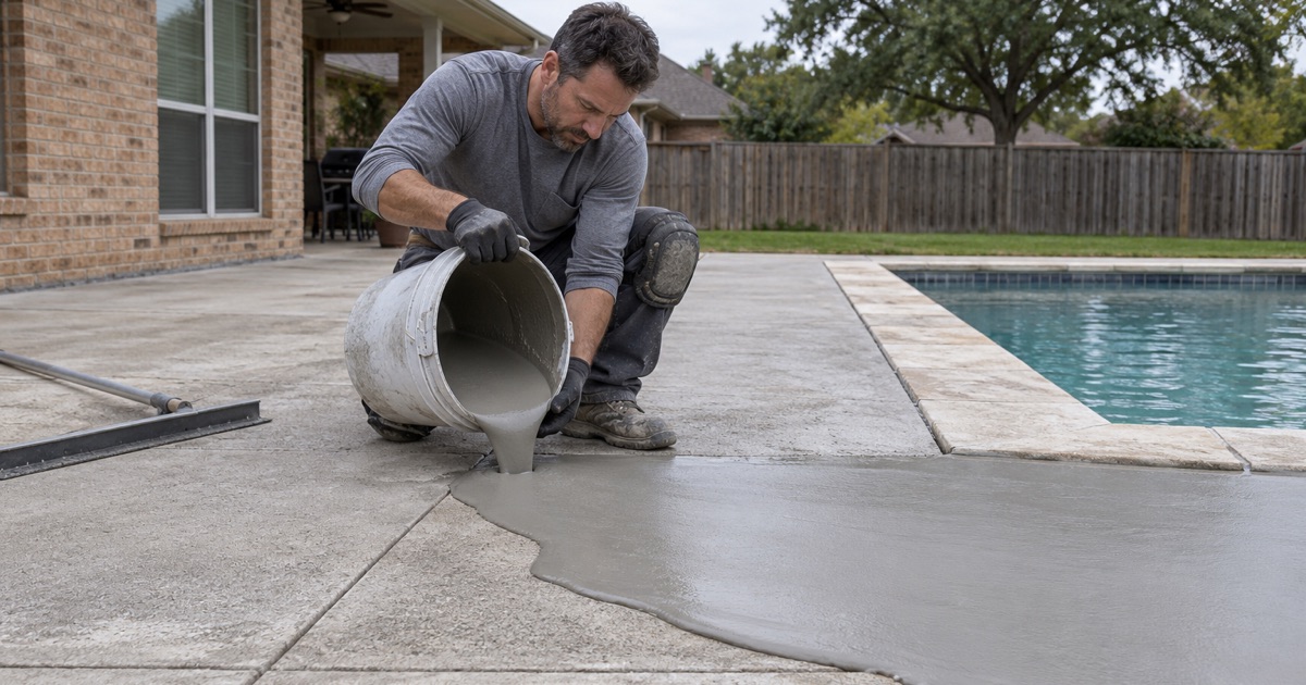 A bonded overlay being poured out of a bucket onto a prepared pool deck in Bryan, ahead of the spread.