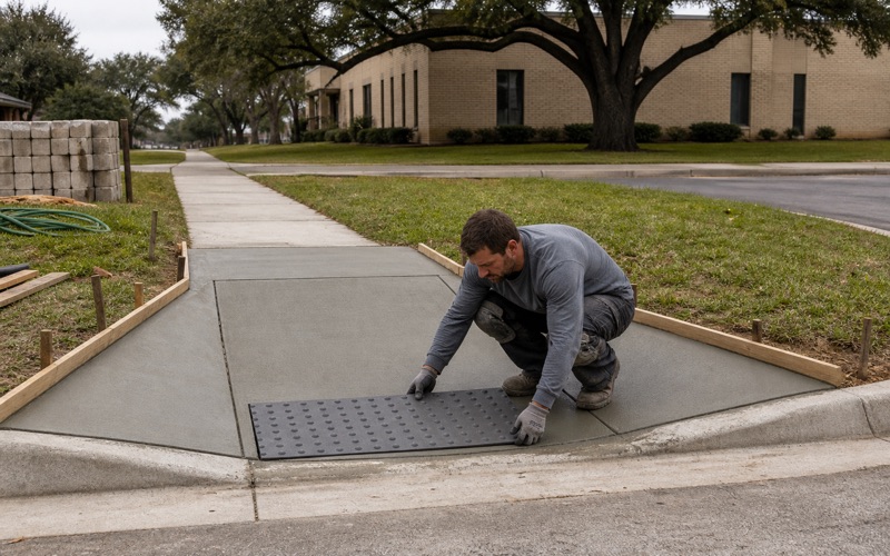 A detectable warning panel being set into the green concrete of a new curb ramp landing in Bryan.