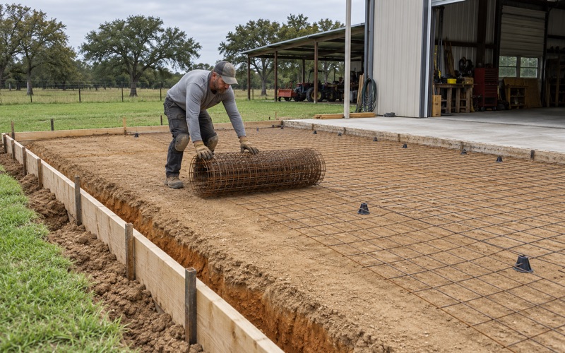 Welded wire mesh being rolled out over compacted base inside the forms for a shop slab in Bryan.