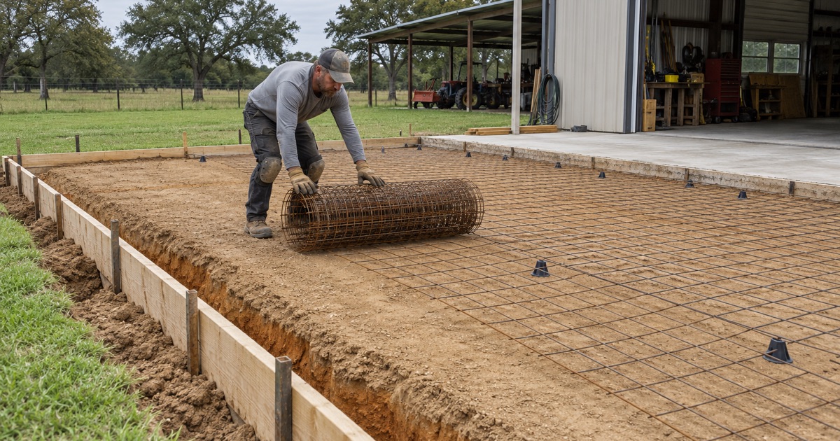 Welded wire mesh being rolled out over compacted base inside the forms for a shop slab in Bryan.