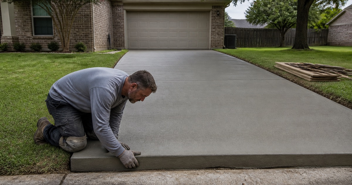 A concrete contractor kneeling at the turndown edge of a finished driveway in Bryan, sighting along the slab.
