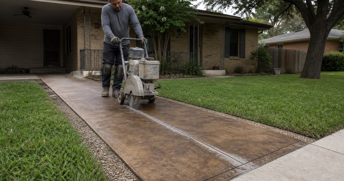A decorative saw cut border pattern being cut into a cured stained concrete entry in Bryan, slurry running off the blade.