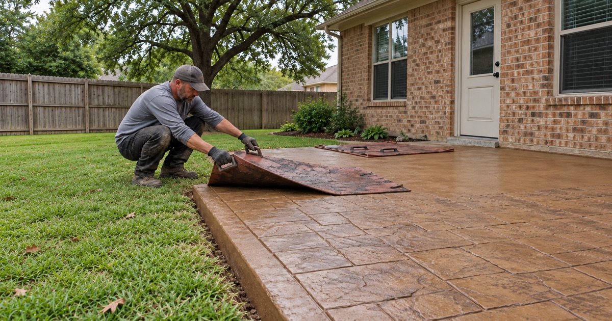 A stamp mat being peeled back off green colored concrete on a Bryan patio, revealing the pattern underneath.