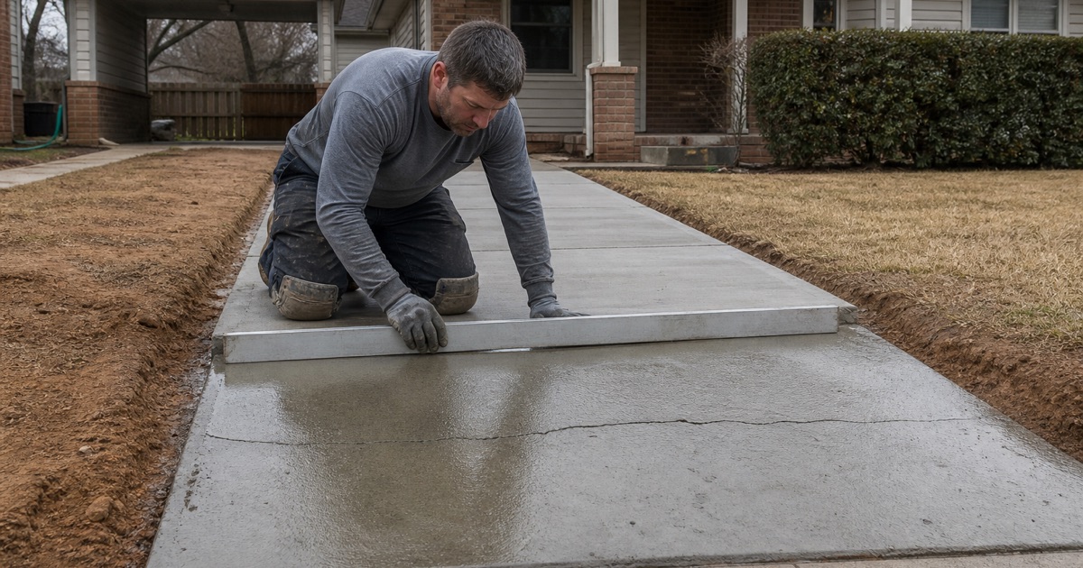 A settled walkway panel in Bryan holding standing water, checked with a long straightedge laid across the low spot.
